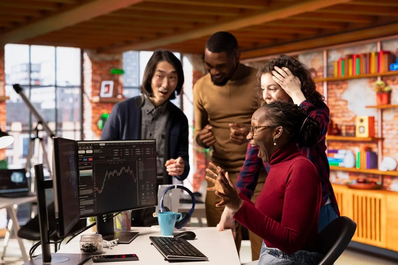 Equipo directivo diverso de un emprendimiento, feliz tras la salida a bolsa de la empresa.